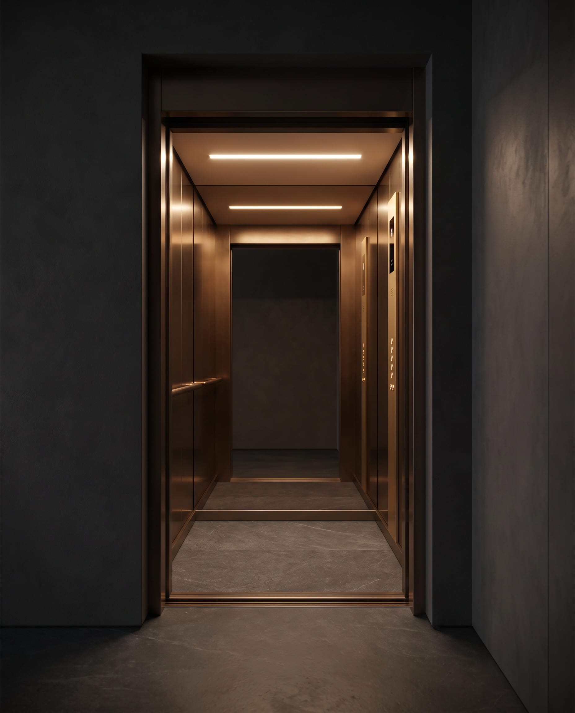 Cabina di ascensore residenziale in acciaio spazzolato con illuminazione dorata, porte aperte su un corridoio scuro