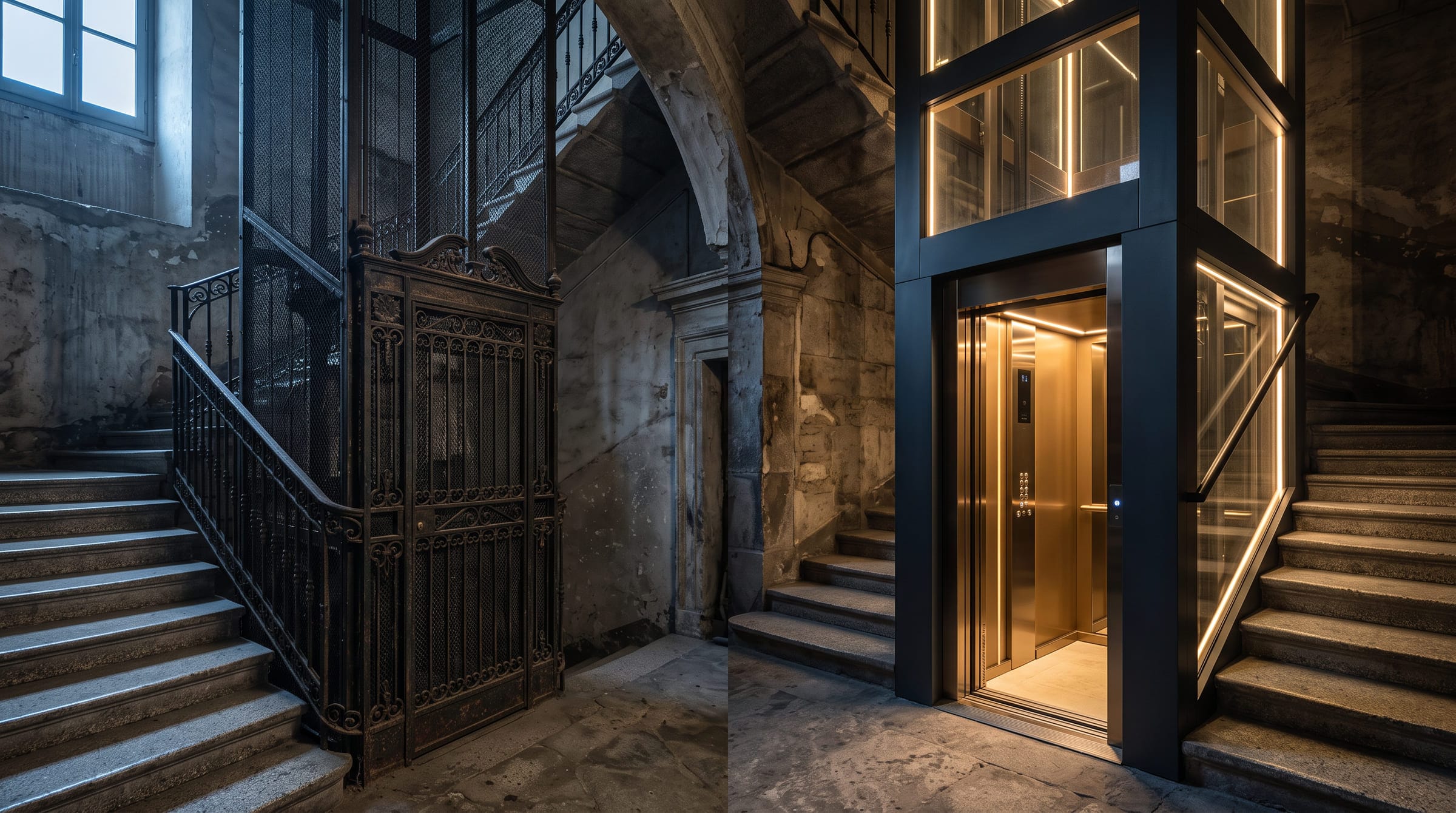 Vano scale di un palazzo storico con la vecchia gabbia in ferro accanto al nuovo vano ascensore in acciaio e vetro